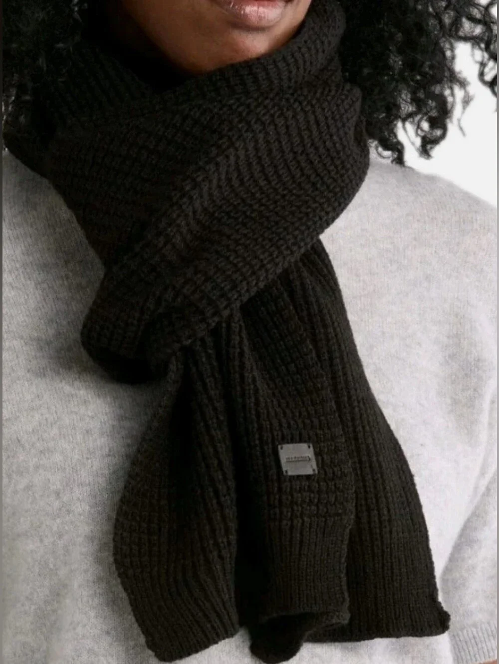 AllSaints Black Angled Stitch Knit Wool Scarf